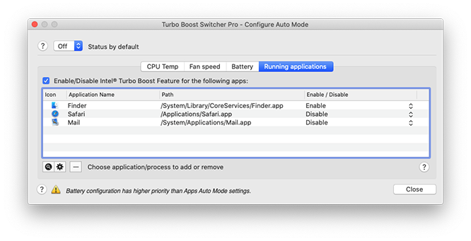 Turbo Boost Switcher automatic configuration based on battery status
